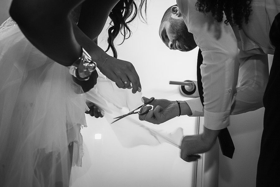 Cutting the wedding dress during crazy wedding