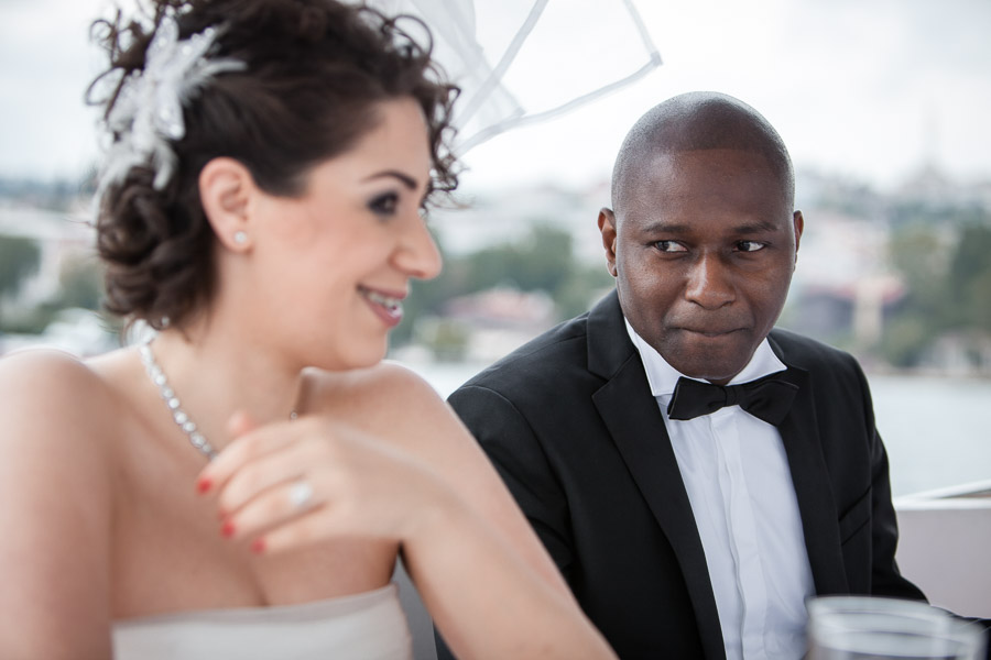 wedding on the bosphorus: bride and groom on boat