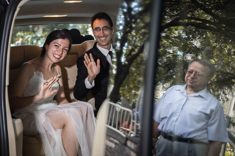 Bride and groom leaving home