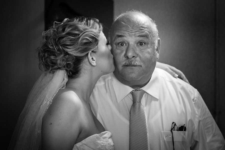 Father of the bride realizes they are being photographed