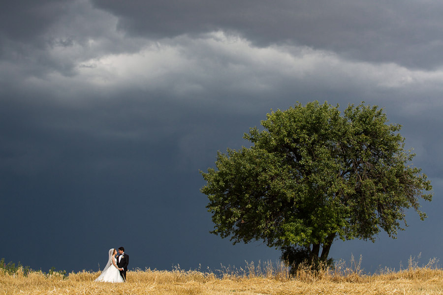 Bride and groom and lone tree on hill while storm approahing