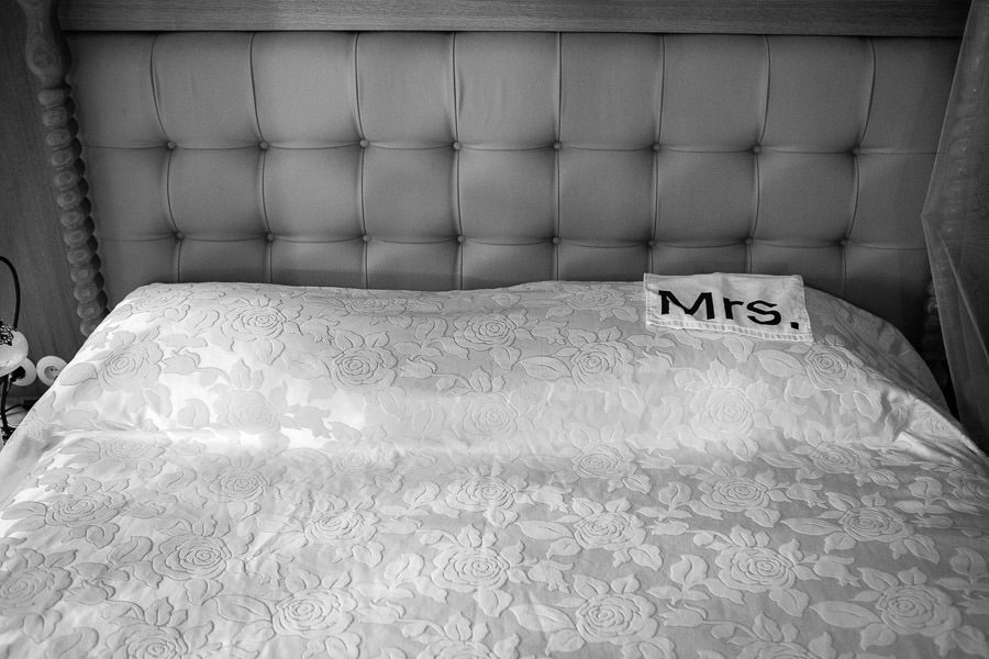 bride's towel on bed