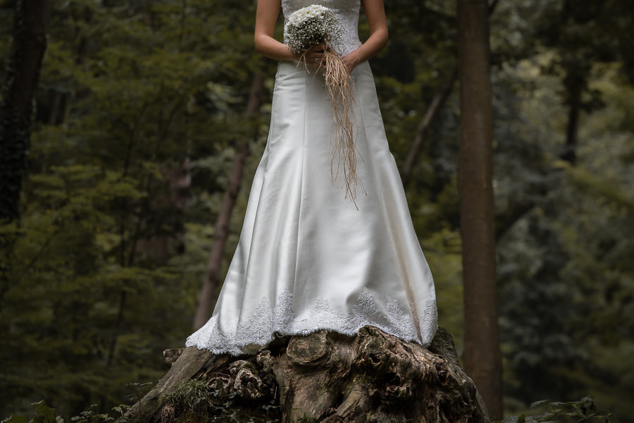 wedding dress draping on tree trunk 